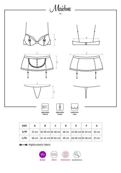 Эротический костюм горничной Obsessive Maidme set 5pcs L/XL, бюстгальтер, пояс с фартуком, чулки, ст SO7291