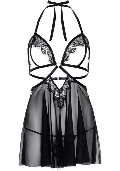 Сорочка беби-долл с открытыми чашками Leg Avenue Lace and mesh babydoll & panty Black L, стринги SO9165