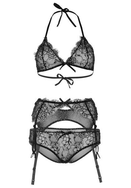 Мереживний комплект зі стразами Leg Avenue Bright Lights Rhinestone L (трусики, бра, пояс для панчіх SO7928