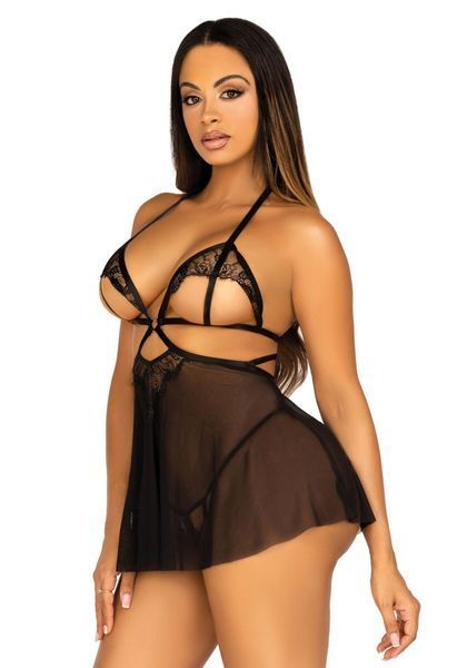 Сорочка беби-долл с открытыми чашками Leg Avenue Lace and mesh babydoll & panty Black L, стринги SO9165
