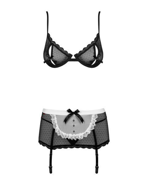 Эротический костюм горничной Obsessive Maidme set 5pcs L/XL, бюстгальтер, пояс с фартуком, чулки, ст SO7291