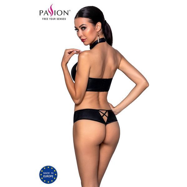 Комплект з еко-шкіри Passion NANCY BIKINI XXL/XXXL, black, бра та трусики з імітацією шнурівки SO5369