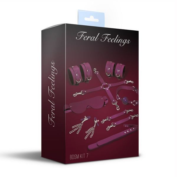 Набір Feral Feelings BDSM Kit 7 Burgundy, наручники, поножі, конектор, маска, падл, кляп, затискачі SO8278