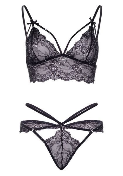 Эротический комплект со стрепами и стразами Leg Avenue Ready Or Not S Black, бра + стринги SO8005