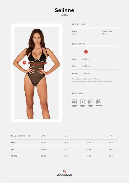 Прозоре боді Obsessive Selinne teddy M/L Black, дрібна сітка, подвійні бретелі SO8665