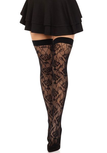 Панчохи Leg Avenue Wild rose net thigh highs, One Size, чорні, широка резинка, малюнок-троянди SX1042