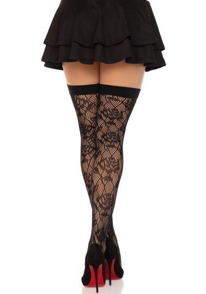 Панчохи Leg Avenue Wild rose net thigh highs, One Size, чорні, широка резинка, малюнок-троянди SX1042