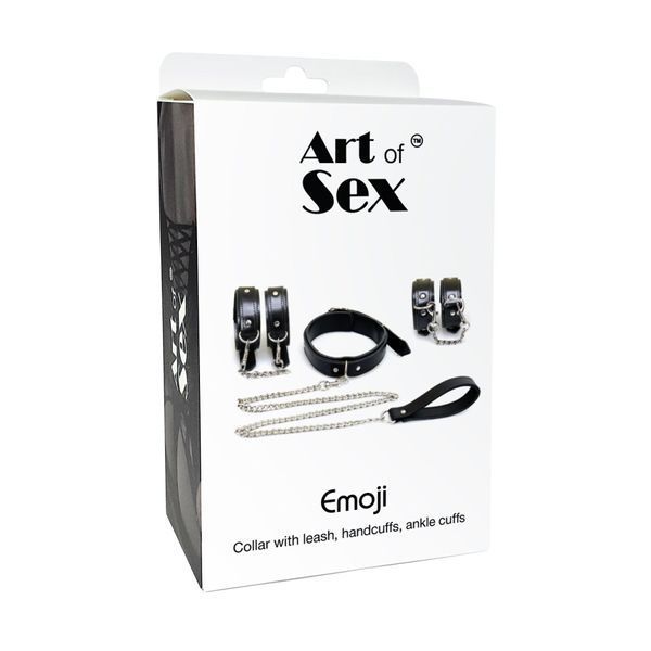 Набір BDSM Art of Sex - Emoji, наручники, поножі, нашийник з повідцем, екошкіра, чорний SO9635