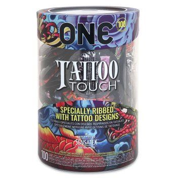 Набір презервативів ONE Tattoo Touch, 100 шт, з рельєфом у вигляді тату, 3 різновиди, паковання-тубус SX0734