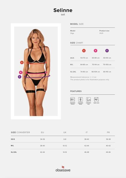 Комплект белья Obsessive Selinne 3-pcs set M/L Black, бюстгальтер, стринги пояс для чулок SO8668