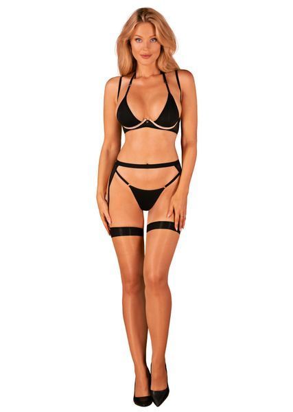 Комплект белья Obsessive Selinne 3-pcs set M/L Black, бюстгальтер, стринги пояс для чулок SO8668
