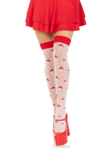 Чулки Leg Avenue Polka Dot Mushroom Thigh Highs, One Size, бело-красные, на резинке, рисунок &mdash; грибы SX1044