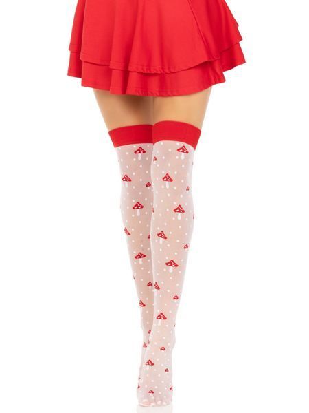 Чулки Leg Avenue Polka Dot Mushroom Thigh Highs, One Size, бело-красные, на резинке, рисунок &mdash; грибы SX1044