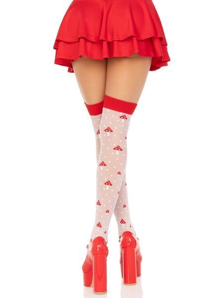 Чулки Leg Avenue Polka Dot Mushroom Thigh Highs, One Size, бело-красные, на резинке, рисунок &mdash; грибы SX1044