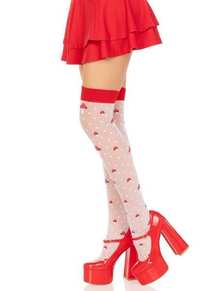 Чулки Leg Avenue Polka Dot Mushroom Thigh Highs, One Size, бело-красные, на резинке, рисунок &mdash; грибы SX1044