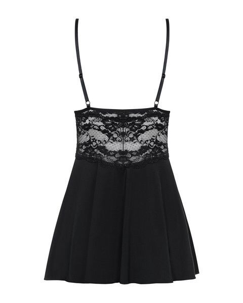 Сатиновый пеньюар с кружевом Obsessive 810-BAB-1 babydoll & thong L/XL, черный, пеньюар, танга SO7153