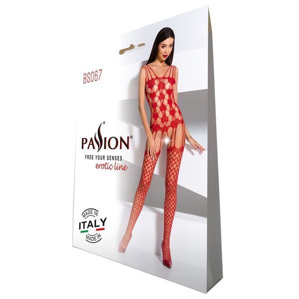Бодистокинг Passion BS067 red, комбинезон, имитация чулок и топа на бретелях PBS067R