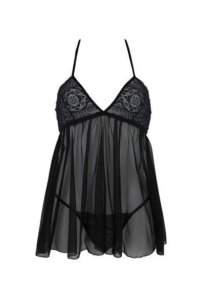 Пеньюар Passion KERRIA CHEMISE black, S/M, кружевной верх, трусики в комплекте SX0489