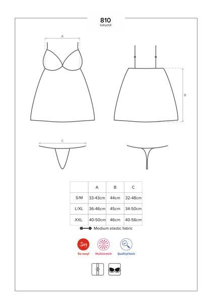 Сатиновый пеньюар с кружевом Obsessive 810-BAB-2 babydoll & thong S/M, белый, пеньюар, танга SO7154
