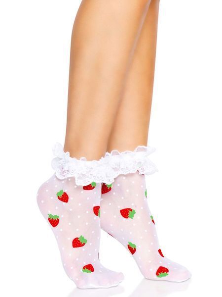 Шкарпетки жіночі з полуничним принтом Leg Avenue Strawberry ruffle top anklets One size, мереживні м SO8583