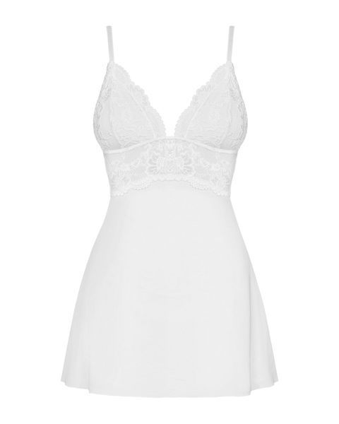 Сатиновый пеньюар с кружевом Obsessive 810-BAB-2 babydoll & thong S/M, белый, пеньюар, танга SO7154