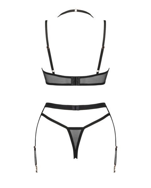 Комплект белья Obsessive Selinne 3-pcs set XL/2XL Black, бюстгальтер, стринги пояс для чулок SO8669
