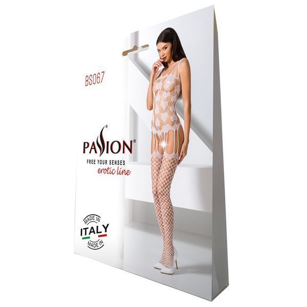 Бодистокинг Passion BS067 white, комбинезон, имитация чулок и топа на бретелях PBS067W