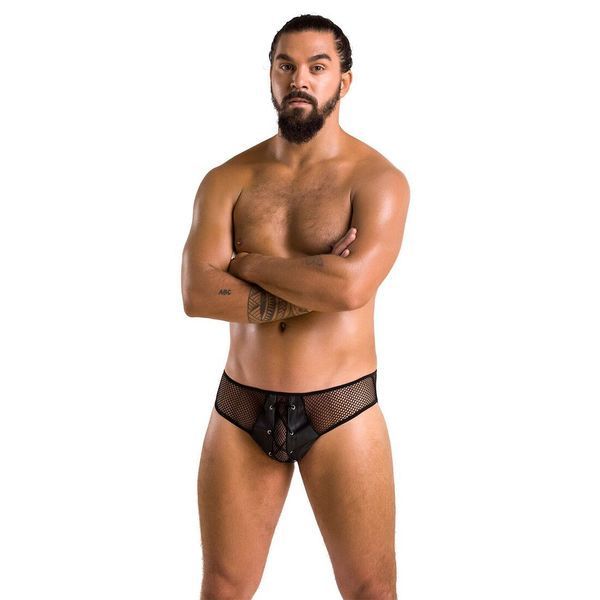 Чоловічі труси зі шнурівкою Passion 035 SLIP RICHARD XXL/XXXL Black, екошкіра, сітка SO7578
