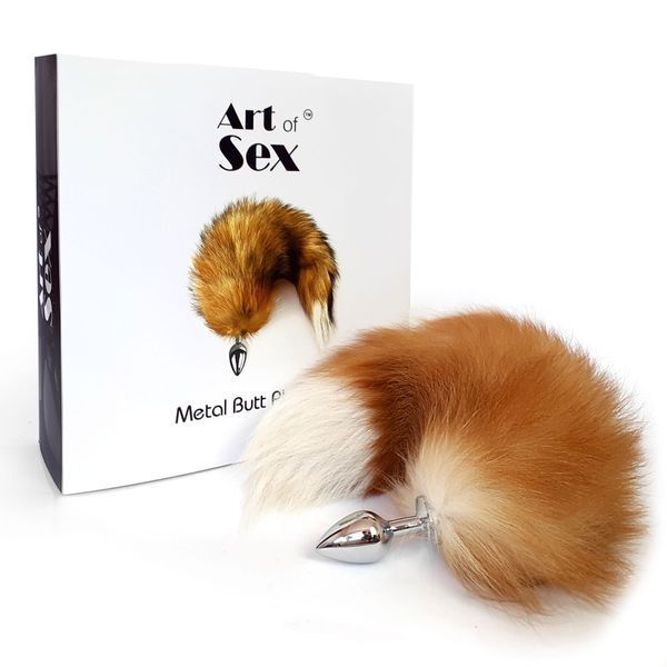 Металева анальна пробка з хвостом із натурального хутра Art of Sex size M Red fox SO6185
