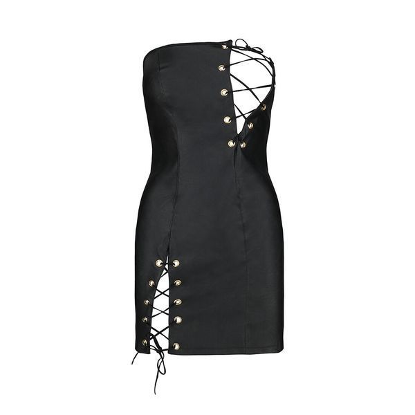 Мини-платье из экокожи Passion CELINE CHEMISE L/XL, black, шнуровка, трусики в комплекте SO6406