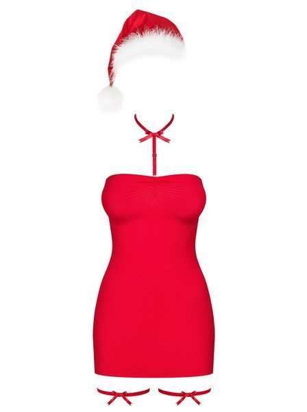 Костюм Санты Obsessive Kissmas красный: платье, шапка, чокер, подвязки SX1158