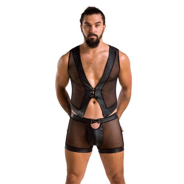 Комплект чоловічої білизни на шнурівці Passion 053 SET WILLIAM XXL/XXXL Black, жилет, боксери SO7629