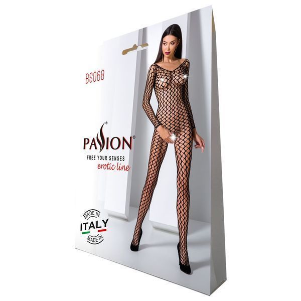 Бодістокінг Passion BS068 black, комбінезон, велика сітка, довгий рукав PBS068B