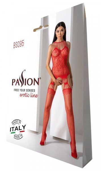 Бодістокінг з безліччю бретелей Passion BS095 One Size, red, імітація пояса та панчіх, з доступом SO8927