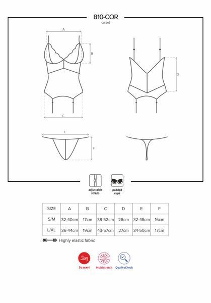Сатиновый кружевной корсет Obsessive 810-COR-1 babydoll & thong S/M, черный, корсет, танга SO7156