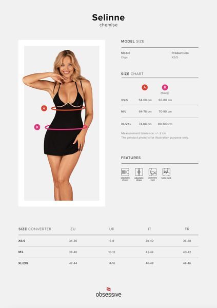 Сорочка Obsessive Selinne chemise & thong M/L Black, стринги, двойные бретели SO8671