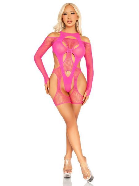 Бодістокінг Leg Avenue Fishnet Garter Harness and Teddy One Size Neon Pink SX2770