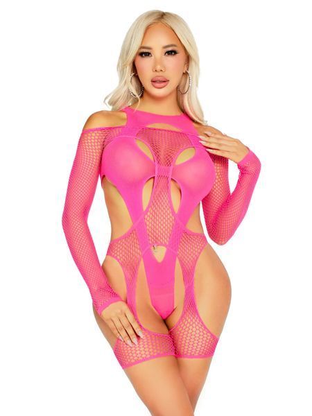 Бодістокінг Leg Avenue Fishnet Garter Harness and Teddy One Size Neon Pink SX2770