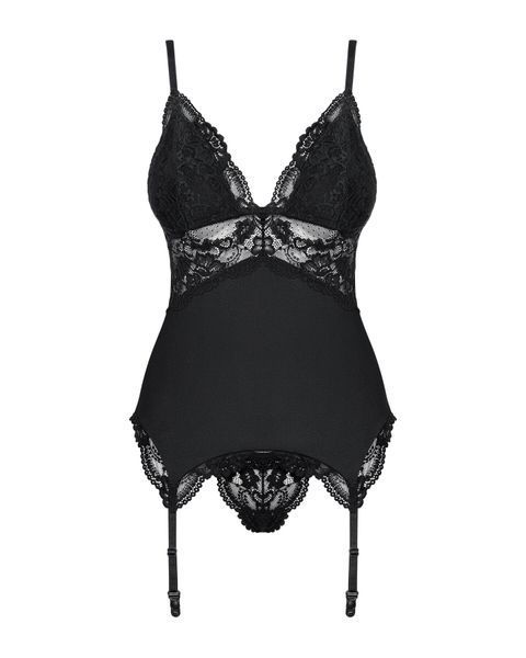 Сатиновый кружевной корсет Obsessive 810-COR-1 babydoll & thong S/M, черный, корсет, танга SO7156