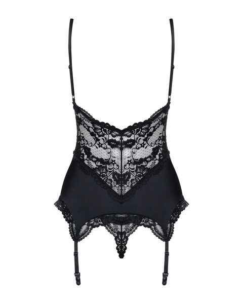 Сатиновый кружевной корсет Obsessive 810-COR-1 babydoll & thong S/M, черный, корсет, танга SO7156