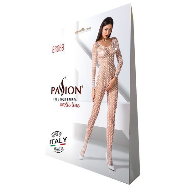 Бодістокінг Passion BS068 white, комбінезон, велика сітка, довгий рукав PBS068W