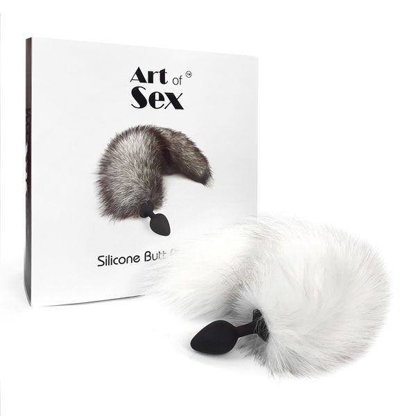 Силіконова анальна пробка з хвостом із натурального хутра Art of Sex size M White fox SO6187