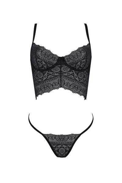 Комплект Passion KERRIA SET black, S/M, сітка+мереживо, бюстьє та стрінги SX0492
