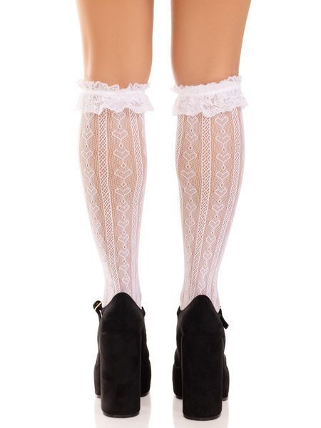 Гольфи ажурні Leg Avenue Sweetheart Ruffle Cuff Knee Highs, білі, малюнок-сердечка SX1049