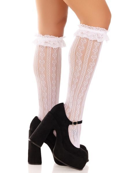 Гольфи ажурні Leg Avenue Sweetheart Ruffle Cuff Knee Highs, білі, малюнок-сердечка SX1049