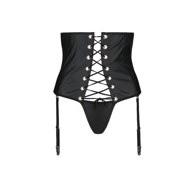 Пояс-корсет из экокожи Passion CELINE SET L/XL, black, шнуровка, съемные пажи для чулок, стринги SO6409