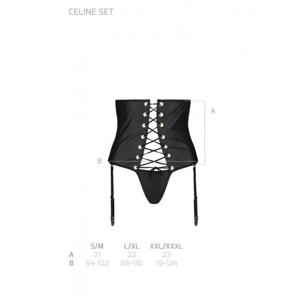 Пояс-корсет из экокожи Passion CELINE SET L/XL, black, шнуровка, съемные пажи для чулок, стринги SO6409