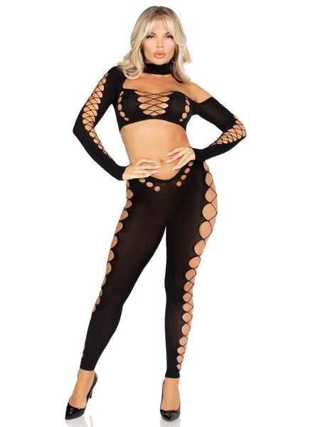 Кроп-топ с длинными рукавами и леггинсы Leg Avenue Seamless Cut-Out Crop Top and Legging One Size Black SX2772