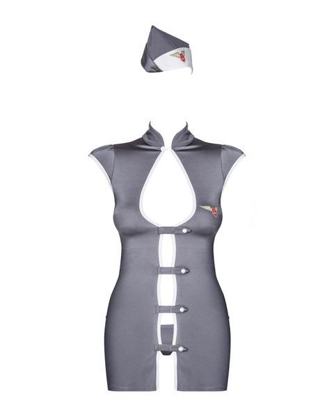 Эротический костюм стюардессы Obsessive Stewardess 3 pcs grey S/M, серый, платье, стринги, пилотка SO7308