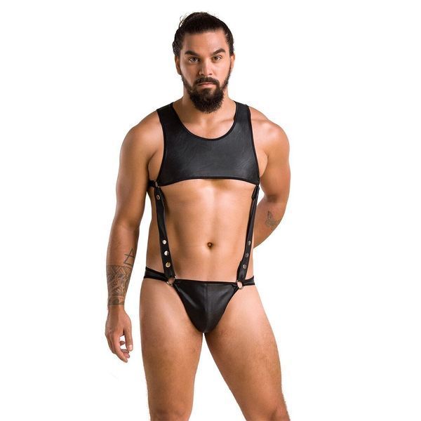 Чоловіче шкіряне боді Passion 056 ADAM XXL/XXXL Black, заклепки SO7632